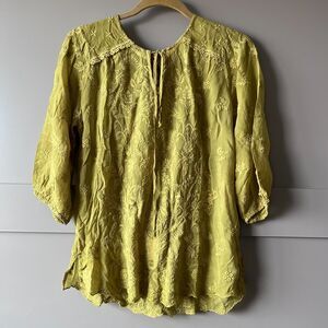 Johnny Was XS Ciervo Adrienne Blouse Green Deer Embroidered Floral Boho NEW $305